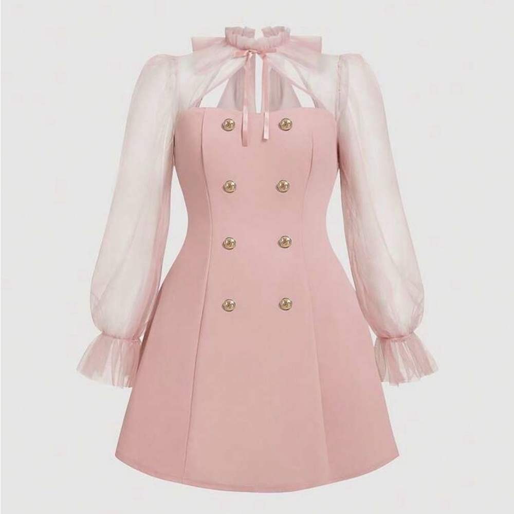 Pink Ruffled A-Line Long Sleeve Dress